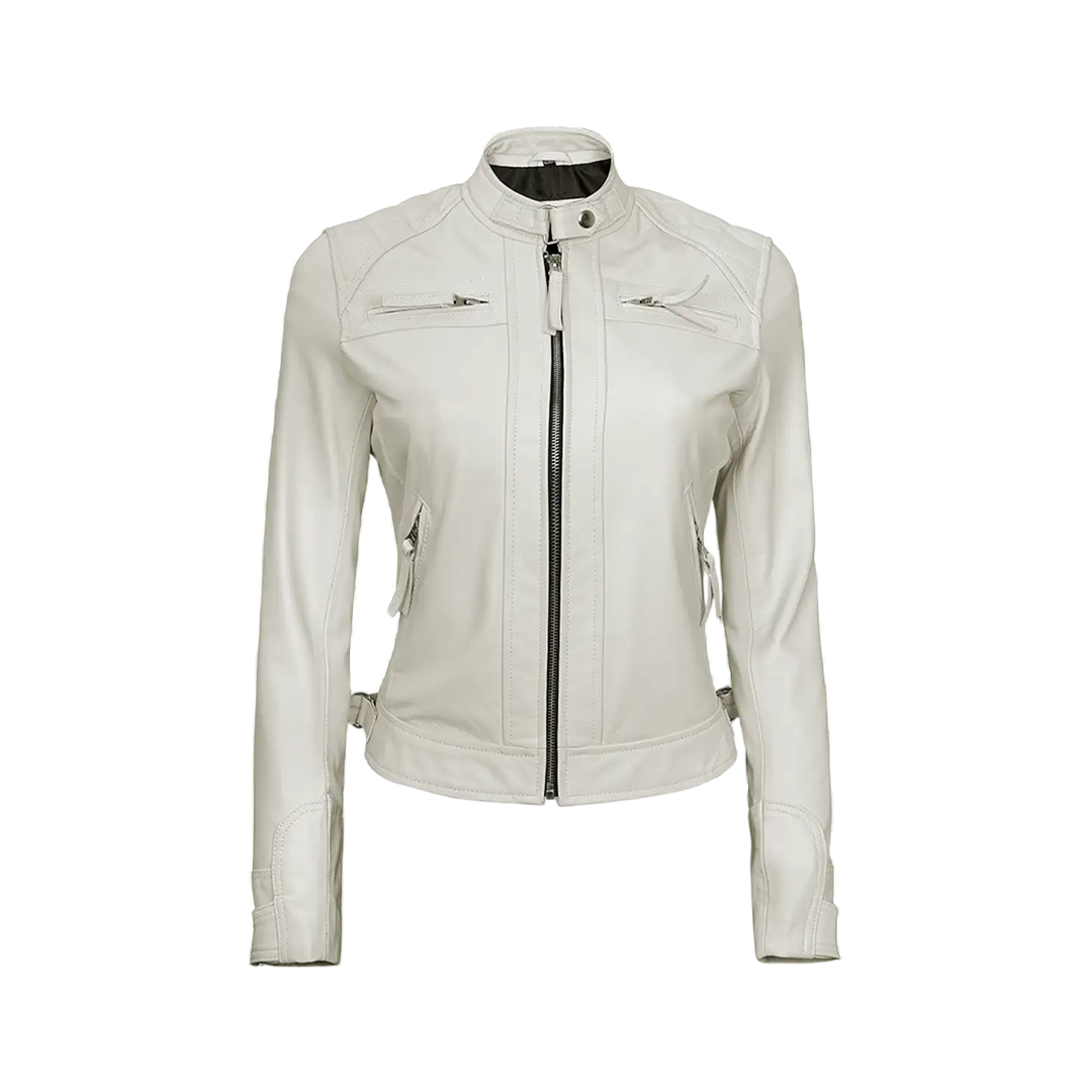 Women Off White Diamond Moto Style Real Leather Jacket