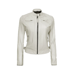 Women Off White Diamond Moto Style Real Leather Jacket