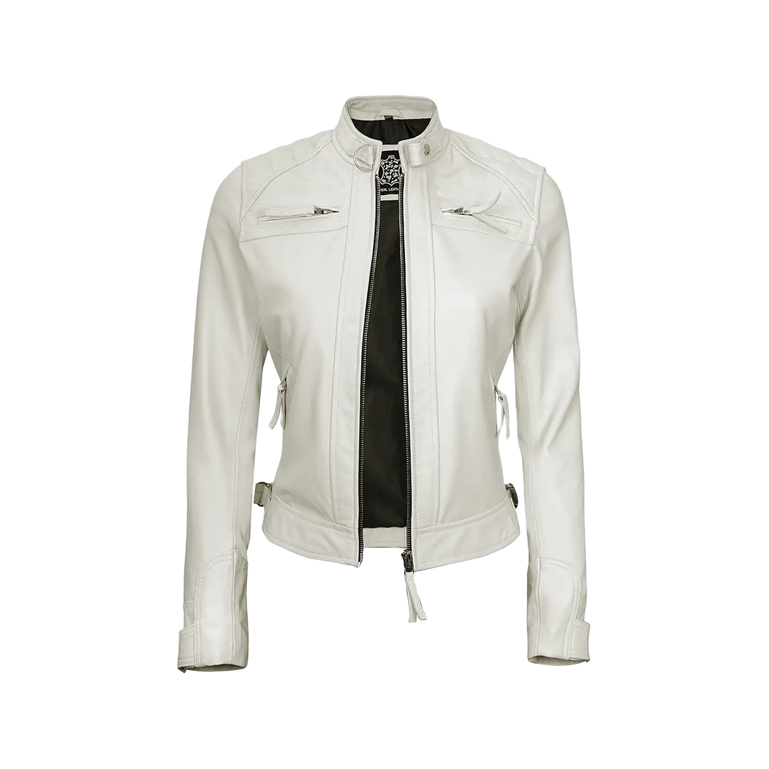 Women Off White Diamond Moto Style Real Leather Jacket