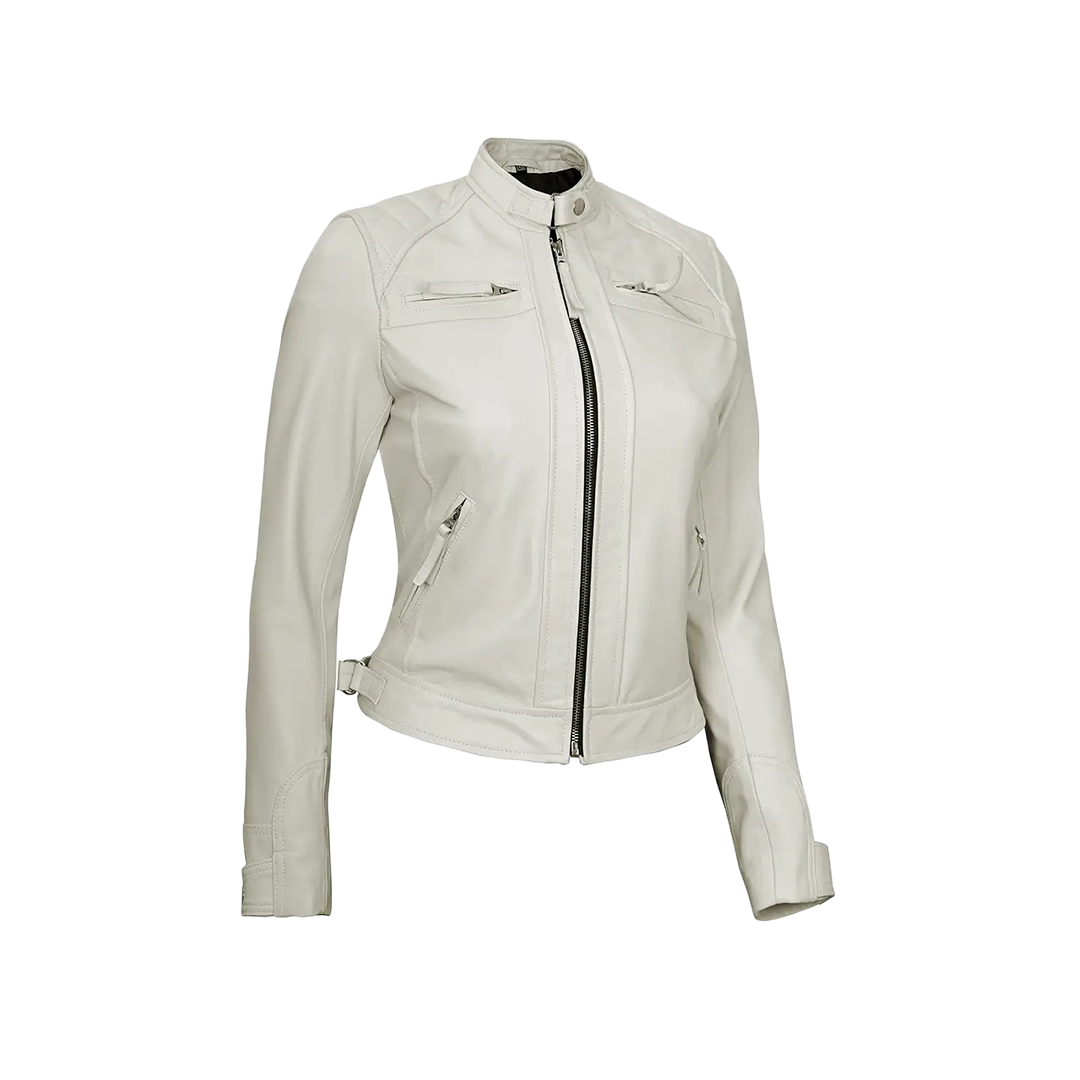Women Off White Diamond Moto Style Real Leather Jacket