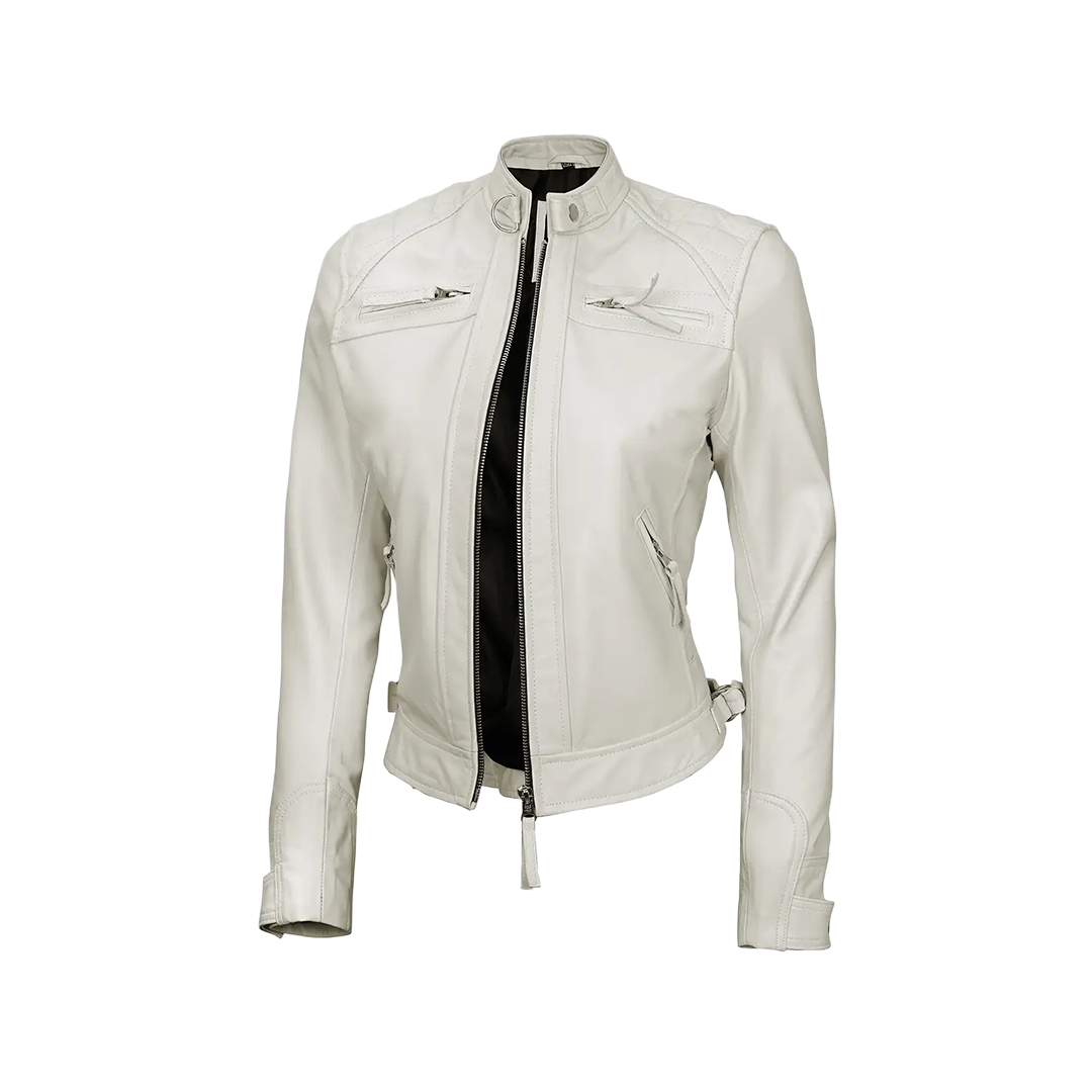 Women Off White Diamond Moto Style Real Leather Jacket