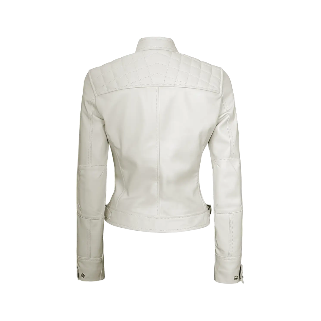 Women Off White Diamond Moto Style Real Leather Jacket