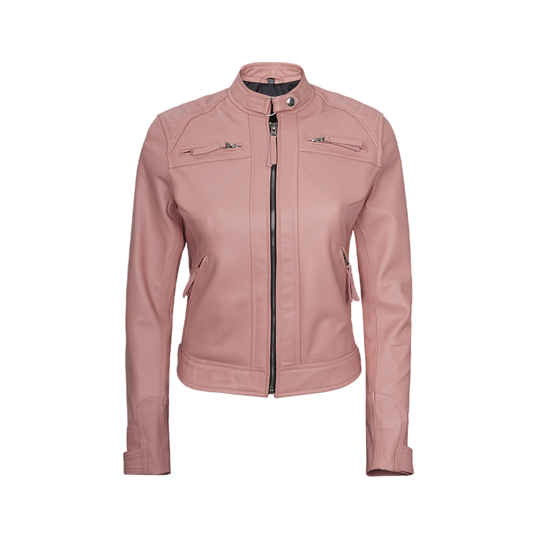 Women Pink Diamond Cafe Racer Real Leather Jacket