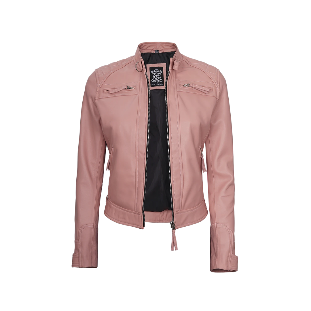 Women Pink Diamond Cafe Racer Real Leather Jacket