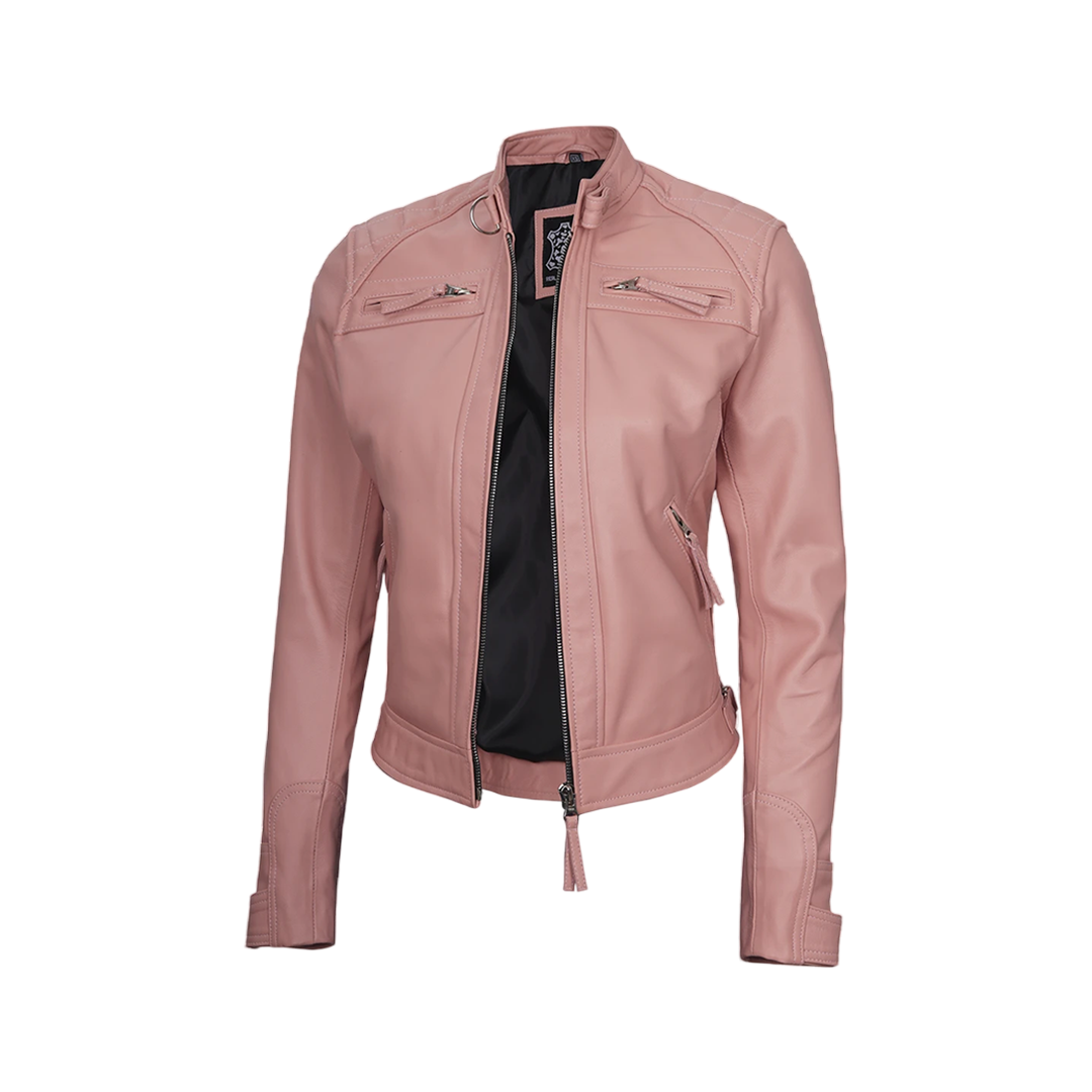 Women Pink Diamond Cafe Racer Real Leather Jacket
