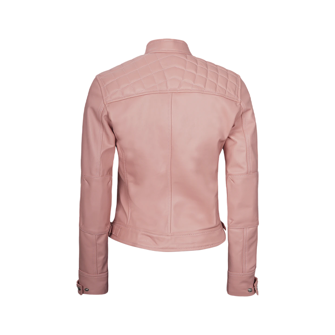 Women Pink Diamond Cafe Racer Real Leather Jacket