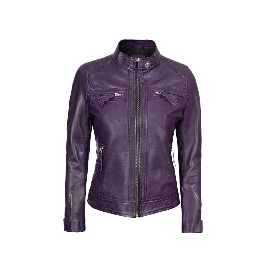 Women Purple Quilted Leather Cafe Racer Jacket