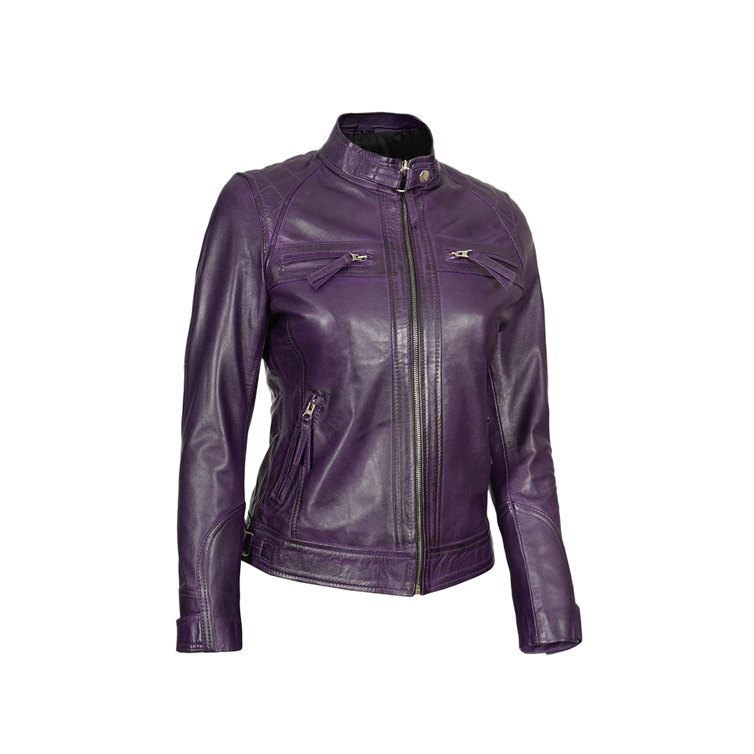 Women Purple Quilted Leather Cafe Racer Jacket