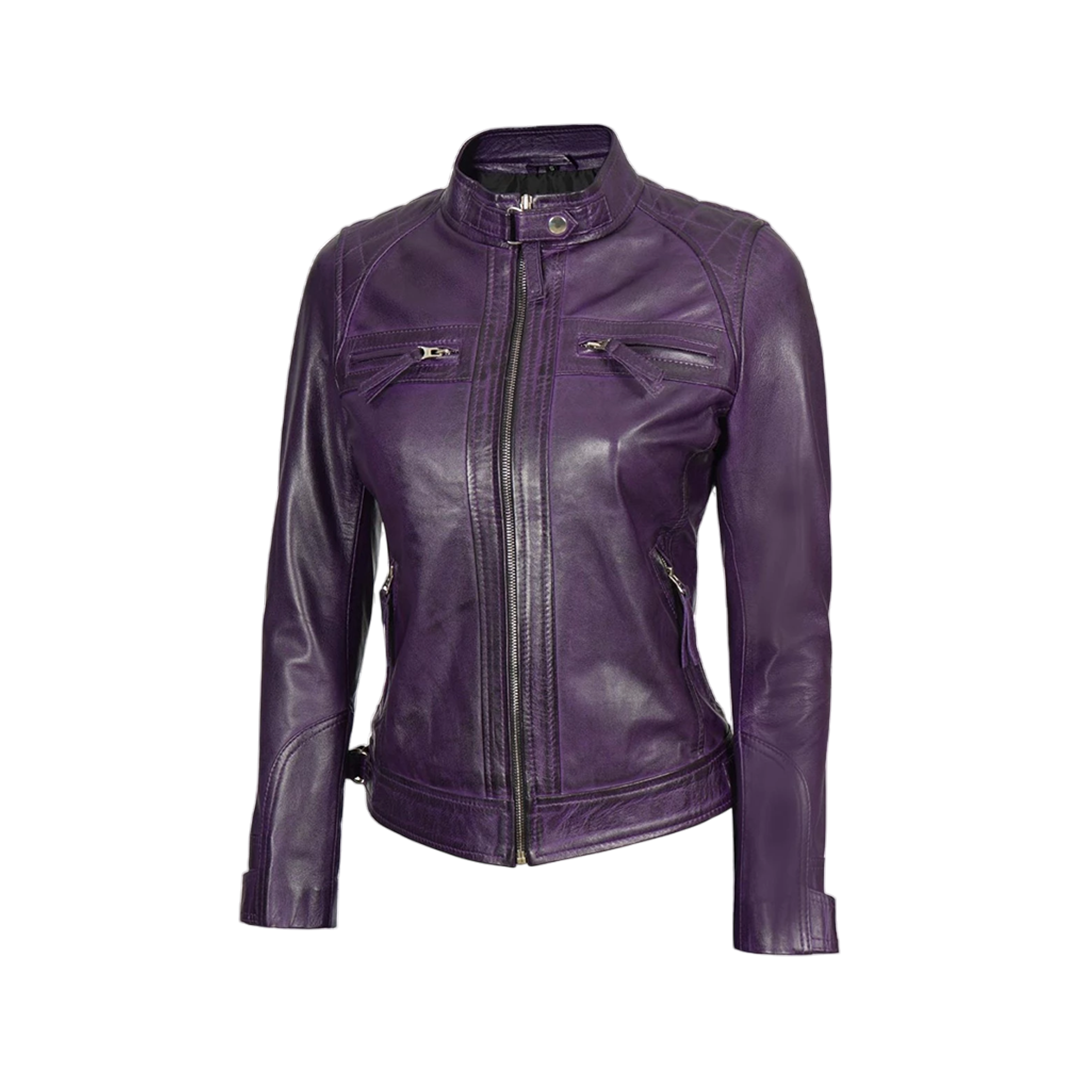 Women Purple Quilted Leather Cafe Racer Jacket