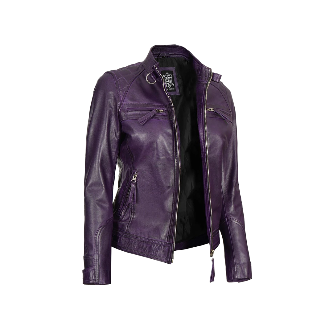 Women Purple Quilted Leather Cafe Racer Jacket