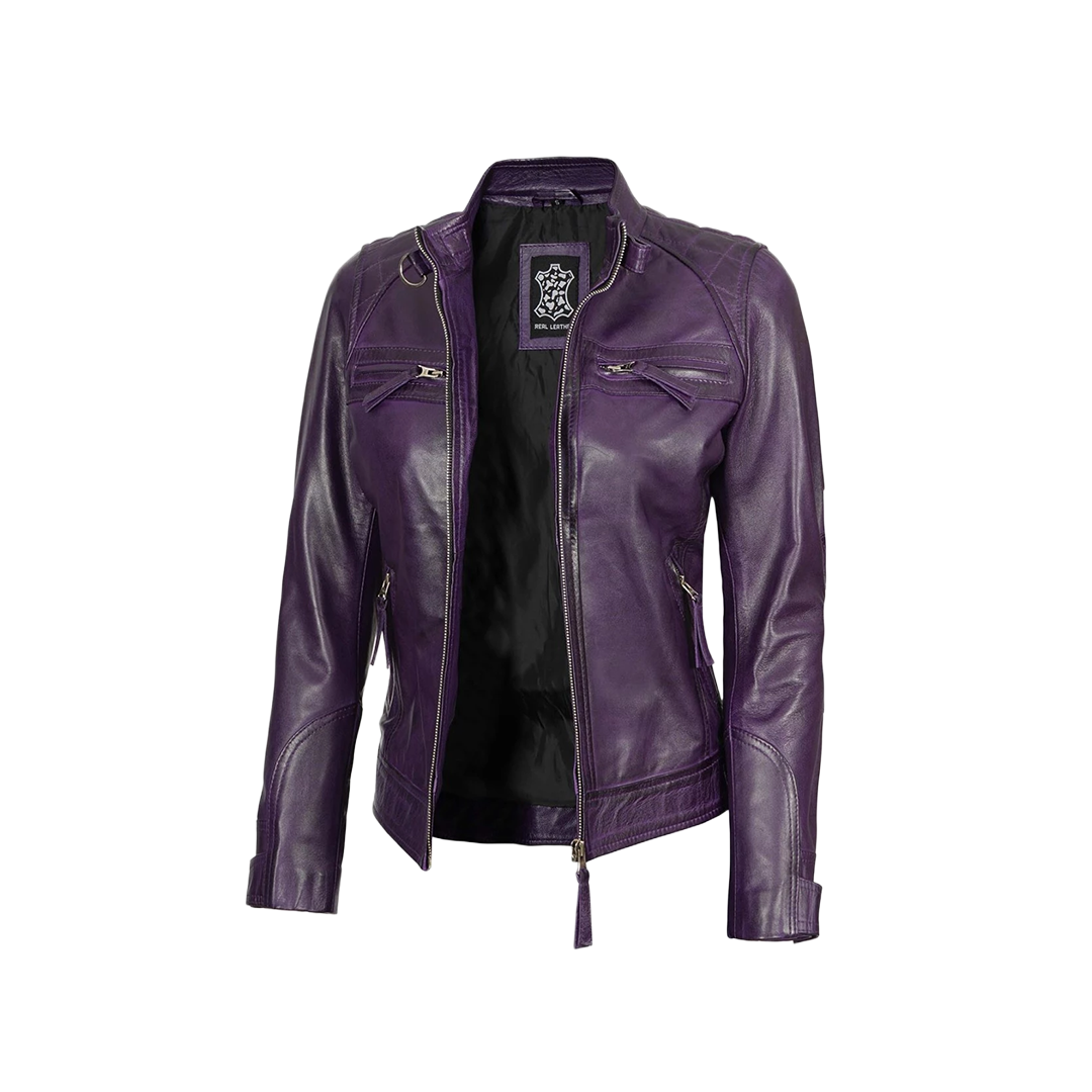 Women Purple Quilted Leather Cafe Racer Jacket