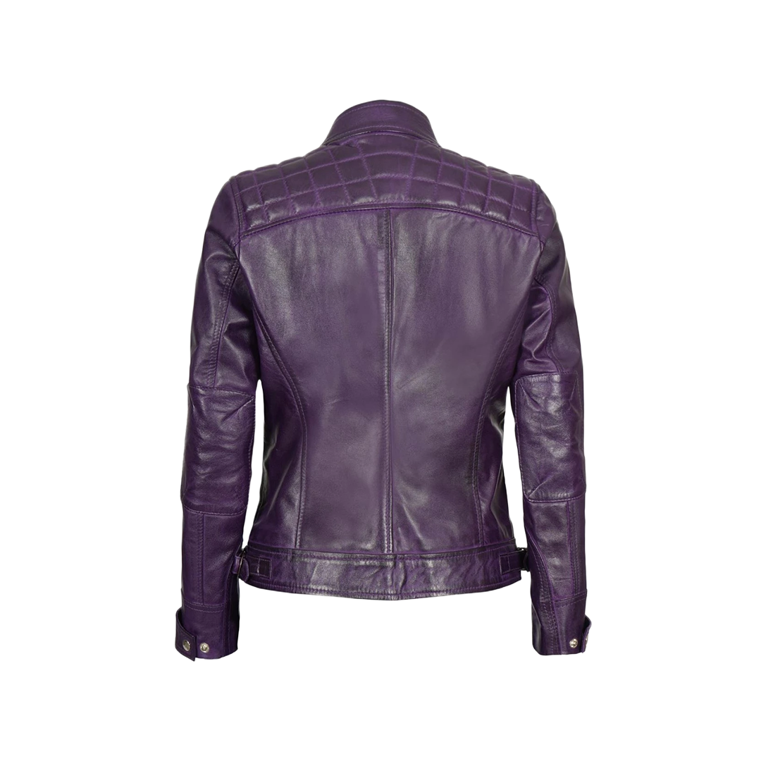 Women Purple Quilted Leather Cafe Racer Jacket