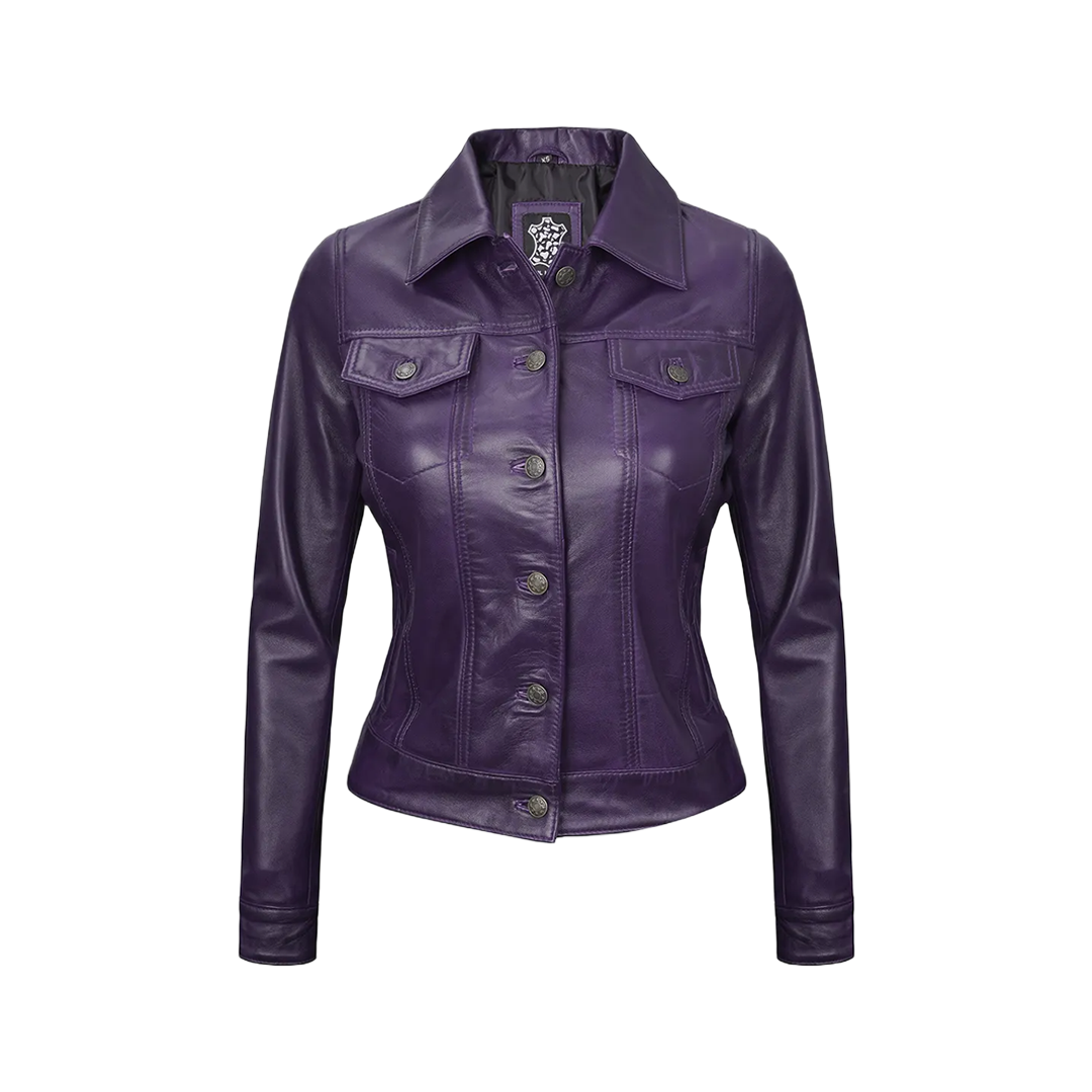 Women Purple Trucker Leather Jacket
