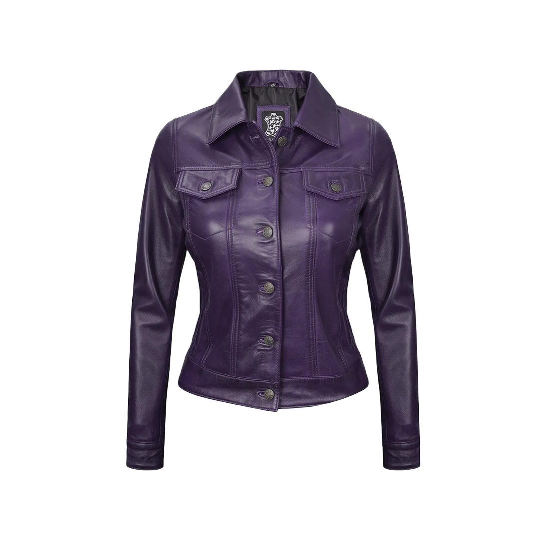 Women Purple Trucker Leather Jacket