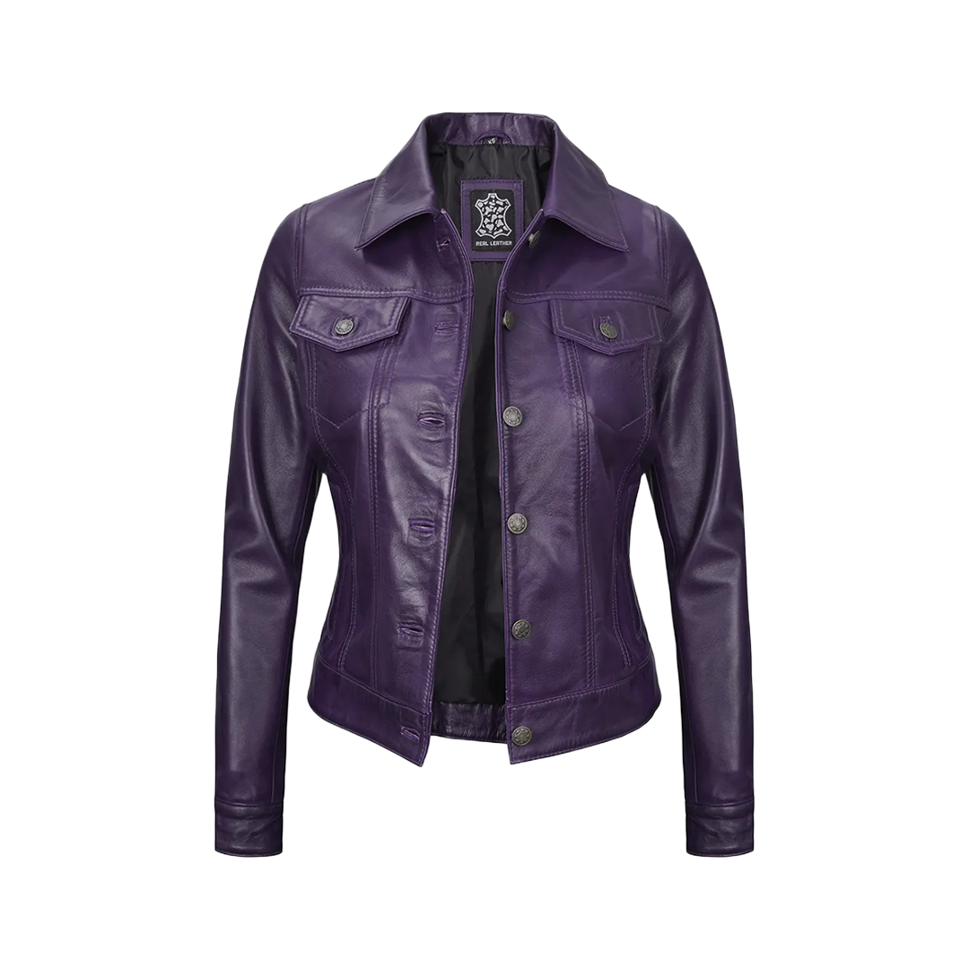 Women Purple Trucker Leather Jacket