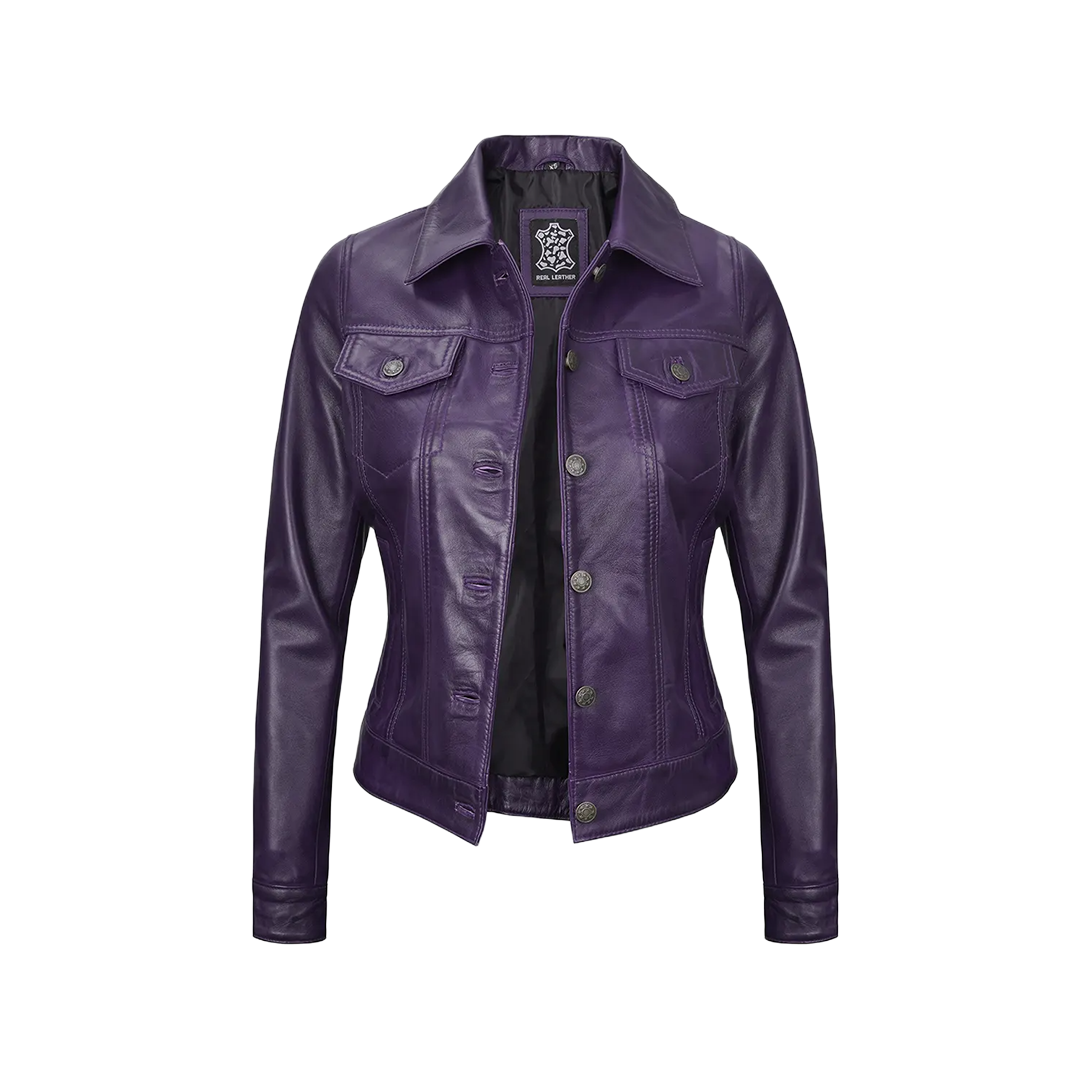 Women Purple Trucker Leather Jacket