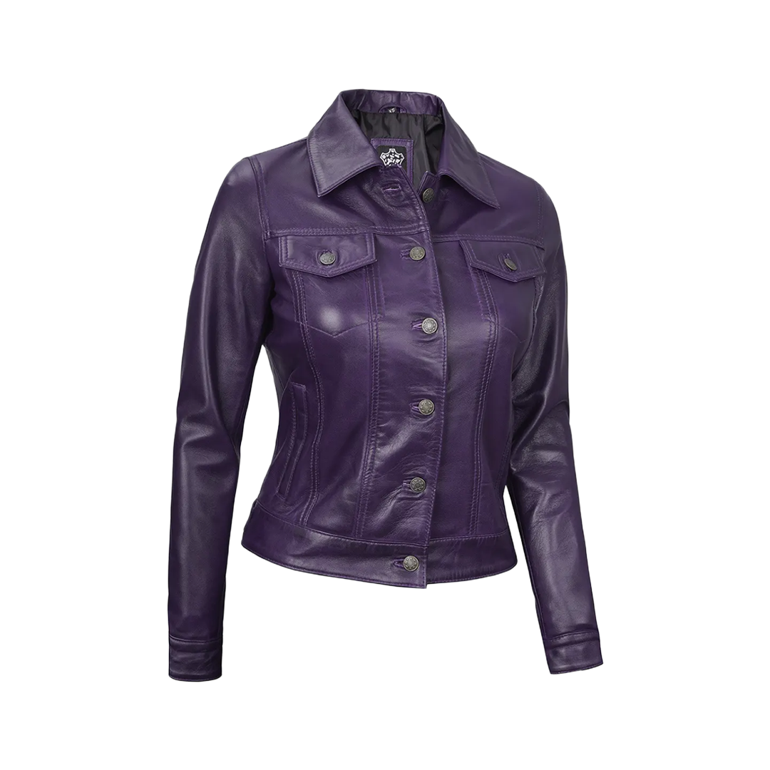 Women Purple Trucker Leather Jacket