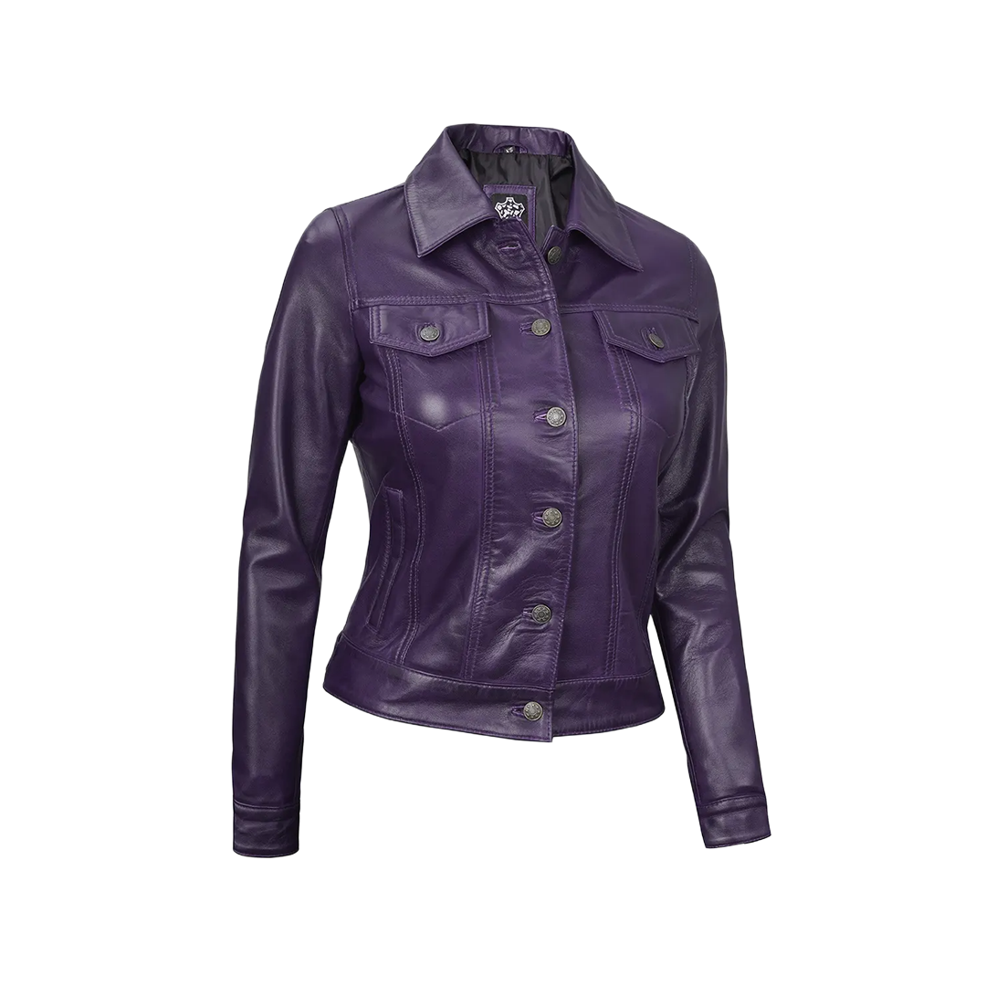 Women Purple Trucker Leather Jacket