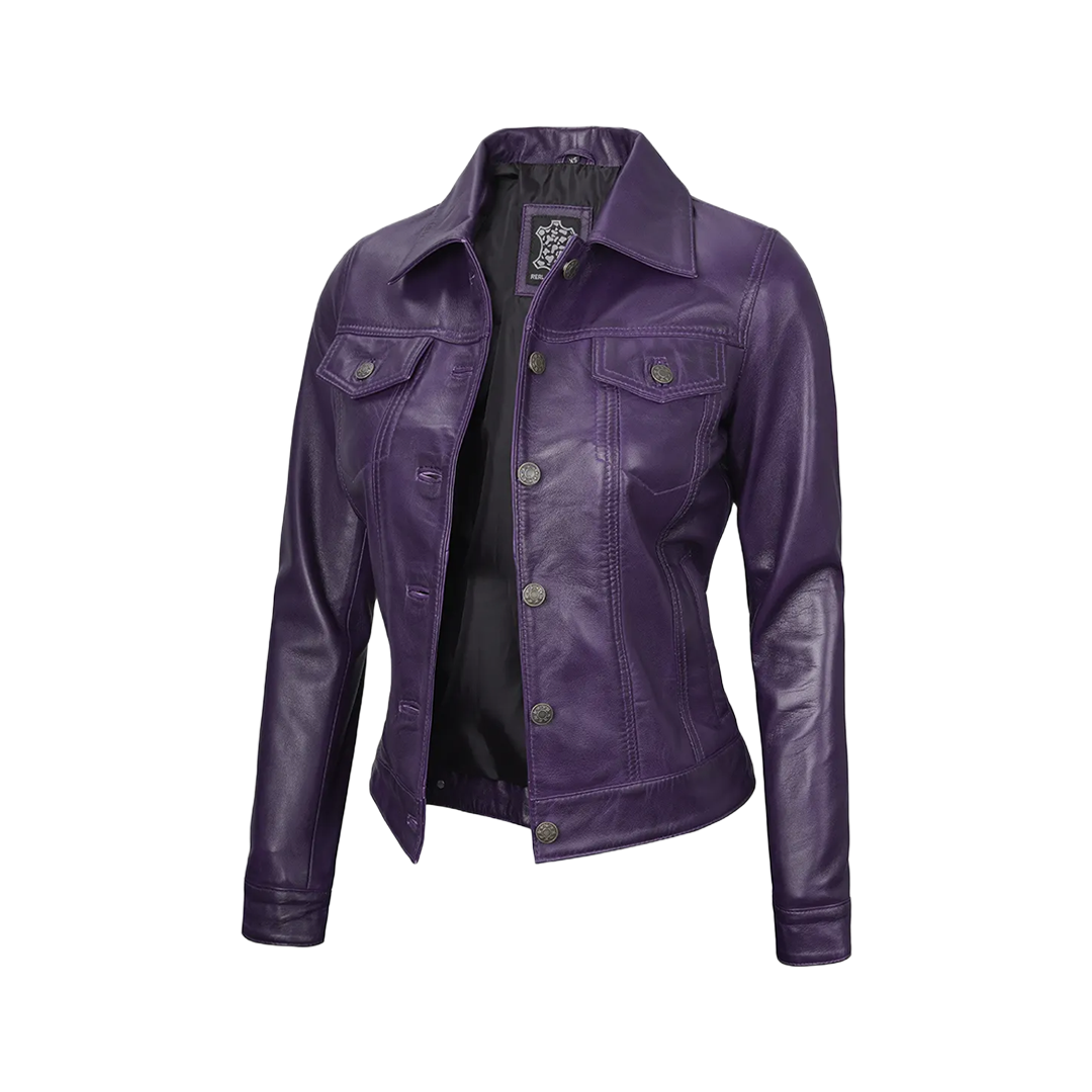 Women Purple Trucker Leather Jacket