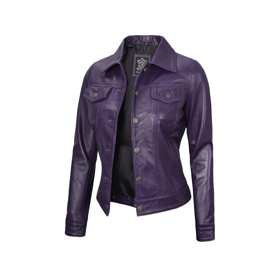 Women Purple Trucker Leather Jacket