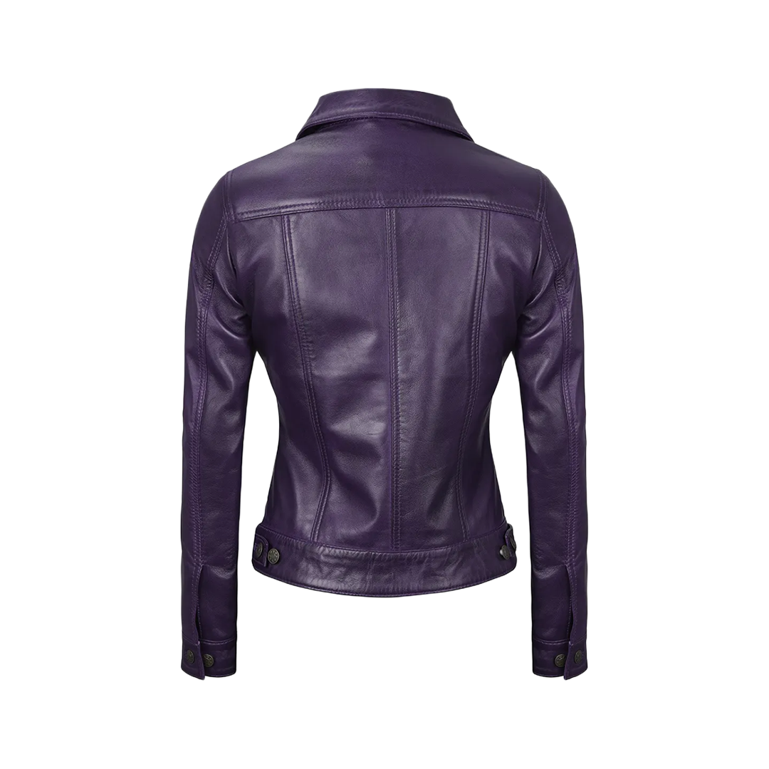 Women Purple Trucker Leather Jacket
