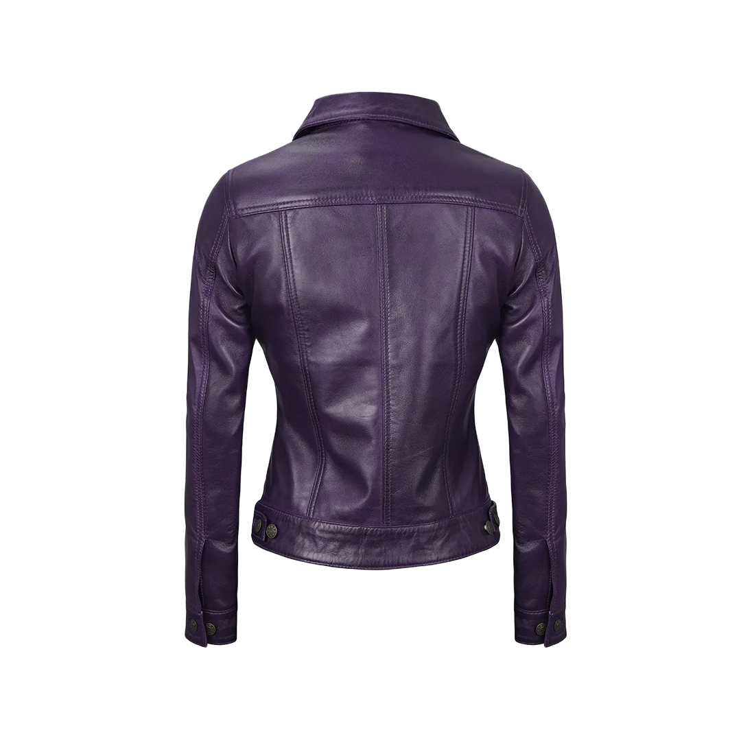 Women Purple Trucker Leather Jacket