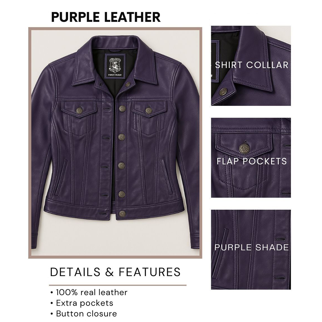 Women Purple Trucker Leather Jacket