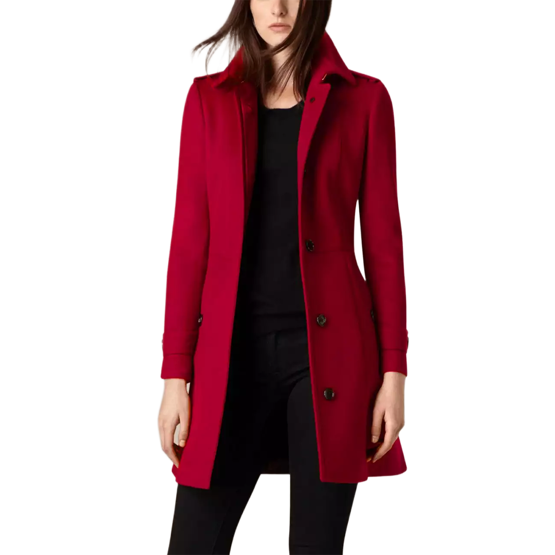 Women Red 3/4 Length Wool Coat
