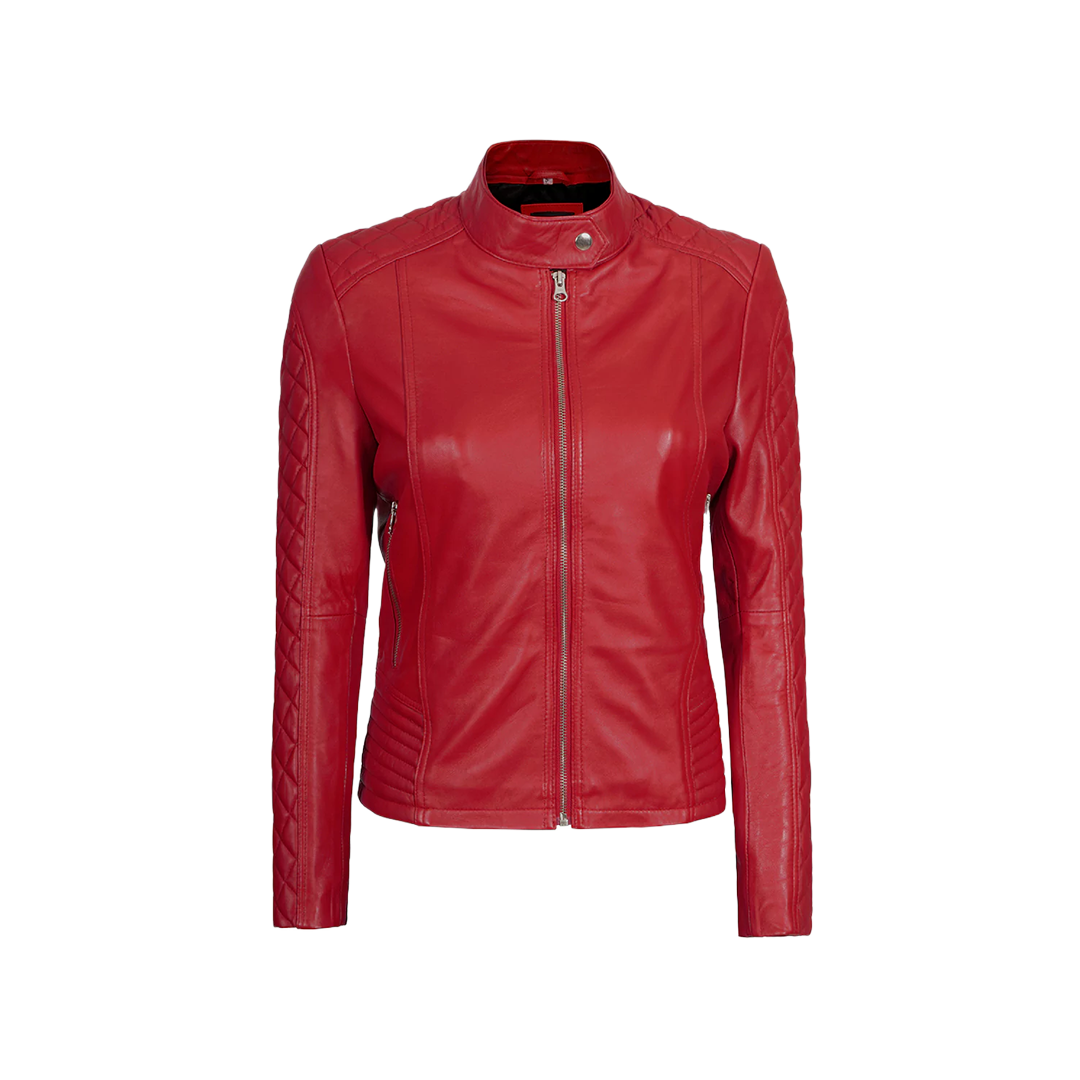 Women Red Quilted Sleeves Cafe Racer Leather Jacket