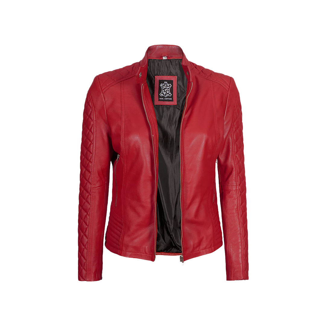 Women Red Quilted Sleeves Cafe Racer Leather Jacket