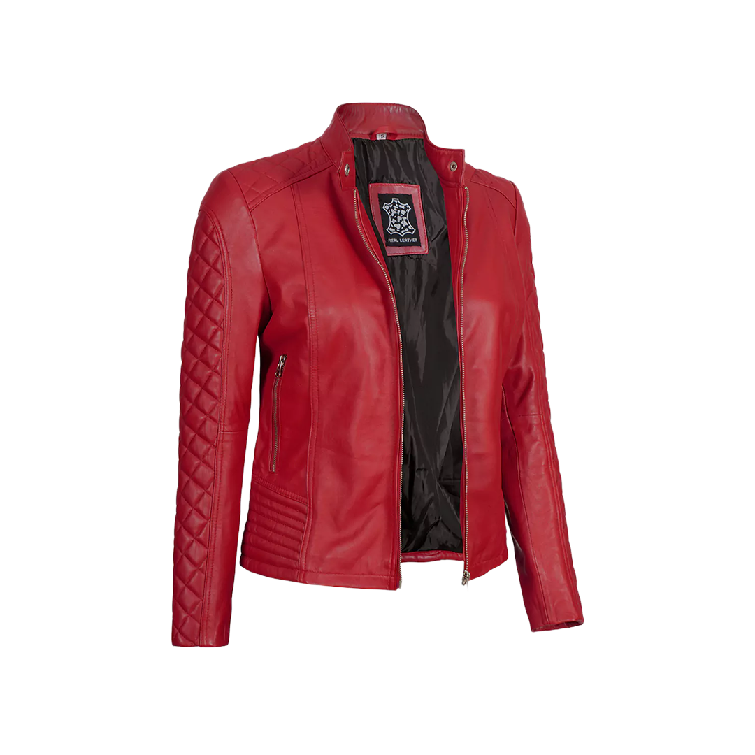 Women Red Quilted Sleeves Cafe Racer Leather Jacket
