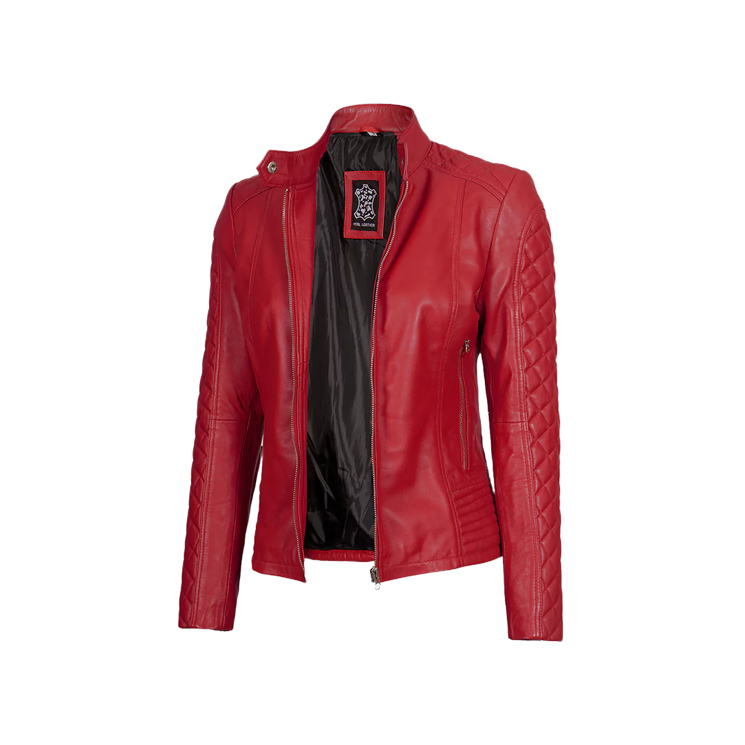 Women Red Quilted Sleeves Cafe Racer Leather Jacket