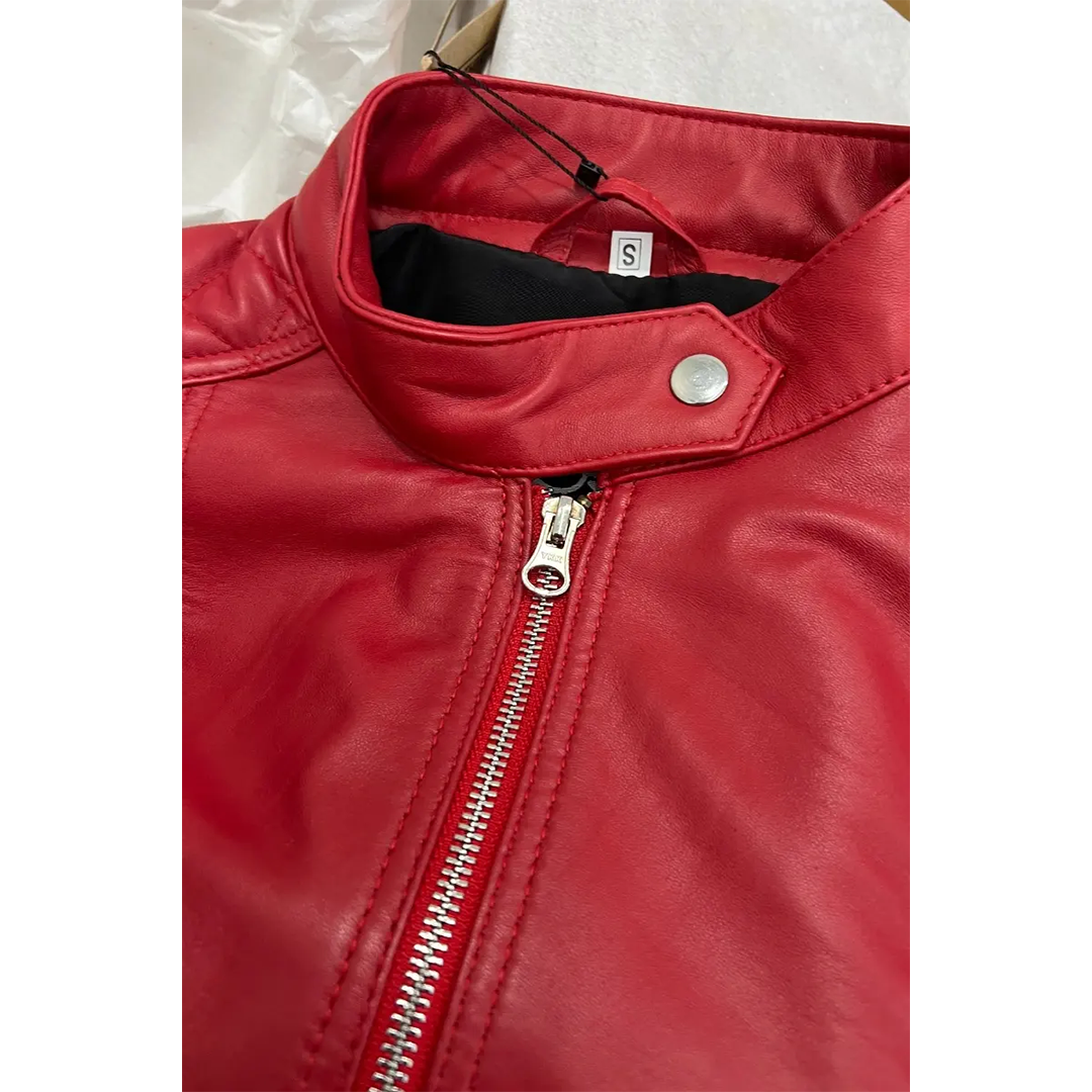 Women Red Quilted Sleeves Cafe Racer Leather Jacket