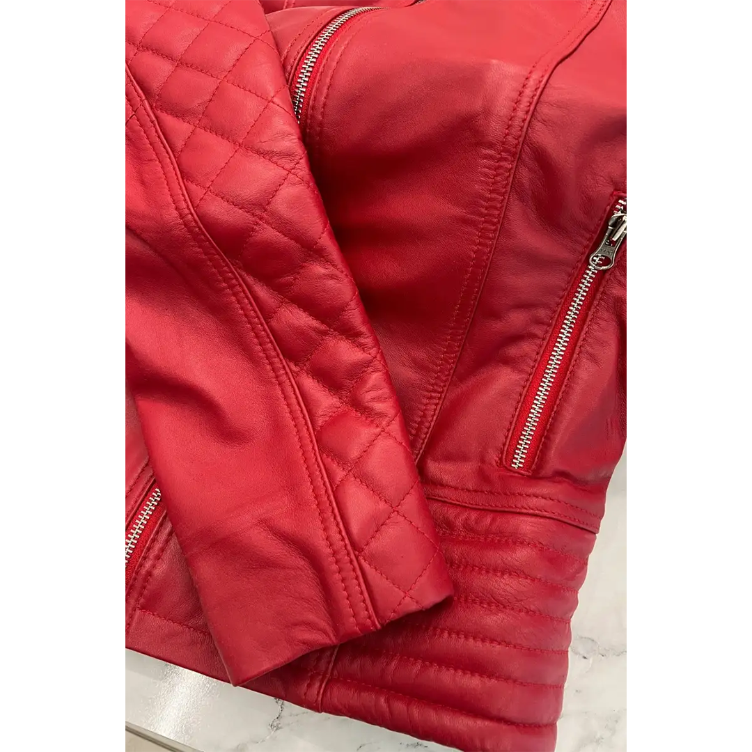 Women Red Quilted Sleeves Cafe Racer Leather Jacket