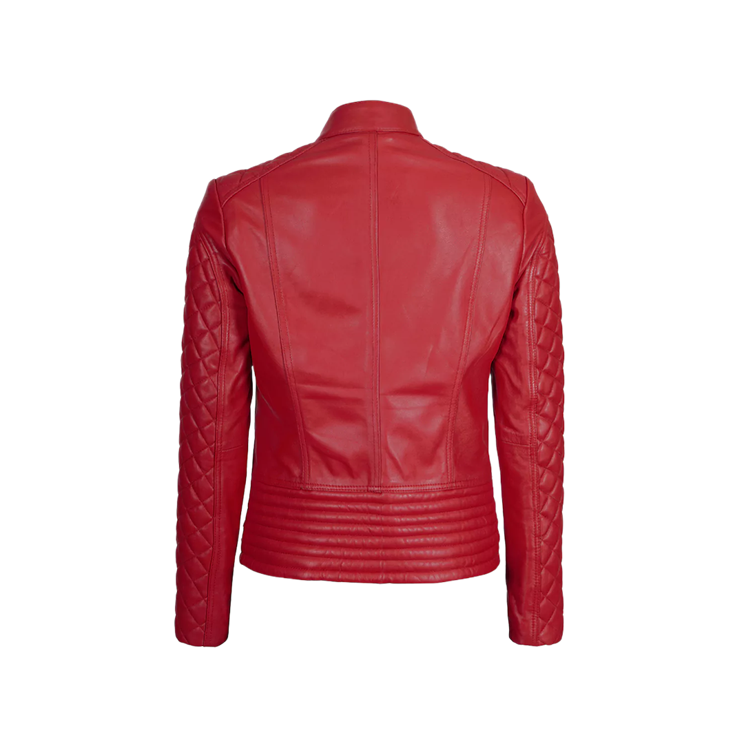 Women Red Quilted Sleeves Cafe Racer Leather Jacket