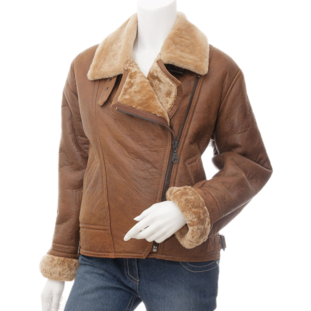 Women’s Tan Bomber Sheepskin Leather Flying Jacket