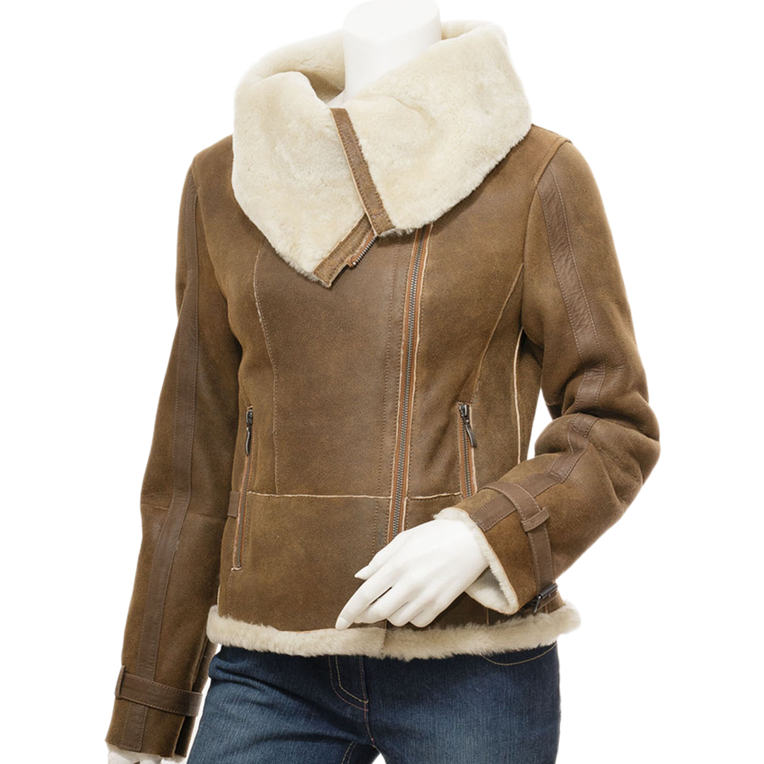 Women’s Tan Bomber Sheepskin Leather Jacket
