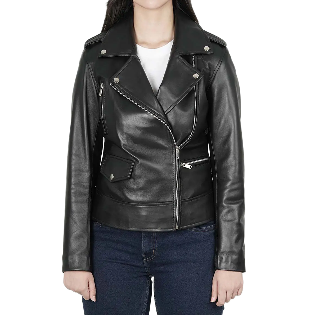Women's Asymmetrical Black Real Leather Biker Jacket