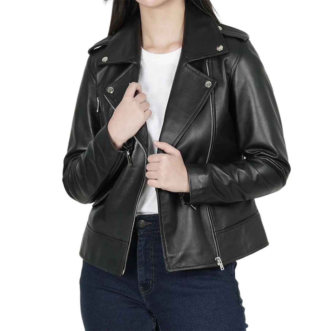 Women's Asymmetrical Black Real Leather Biker Jacket