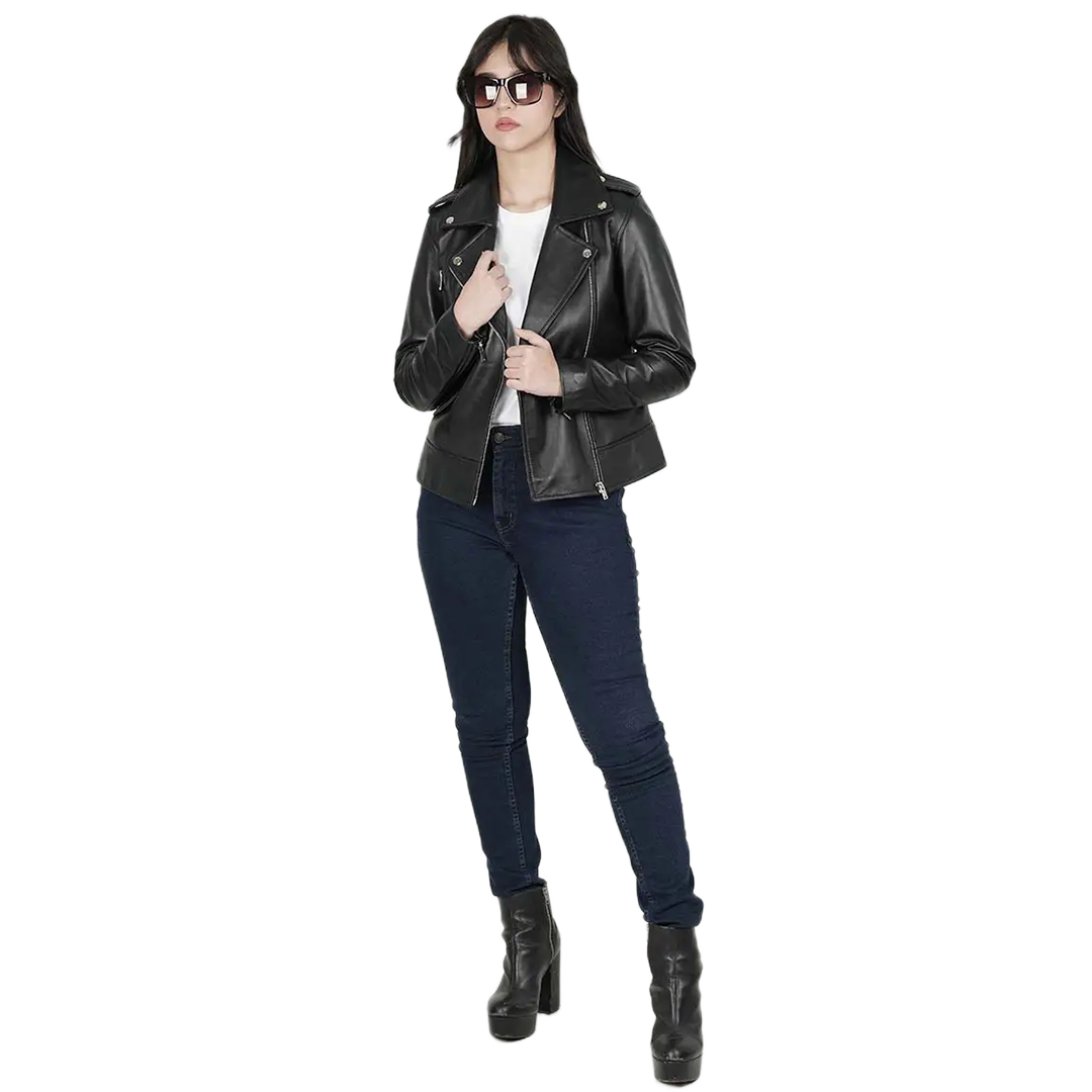 Women's Asymmetrical Black Real Leather Biker Jacket