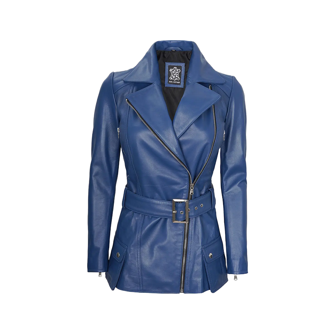 Women's Asymmetrical Blue Belted Leather Jacket