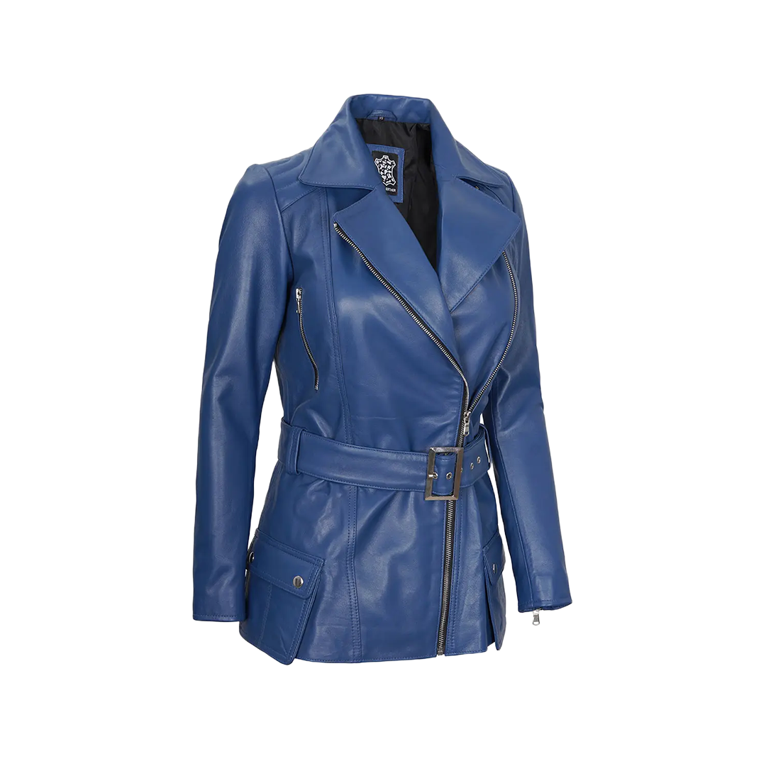Women's Asymmetrical Blue Belted Leather Jacket