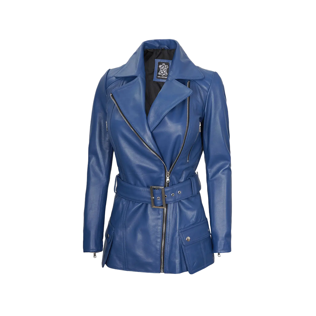 Women's Asymmetrical Blue Belted Leather Jacket