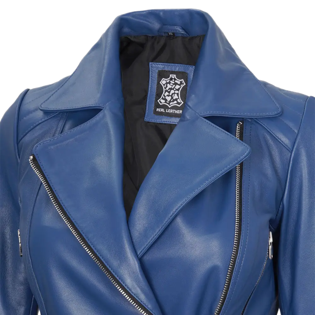 Women's Asymmetrical Blue Belted Leather Jacket