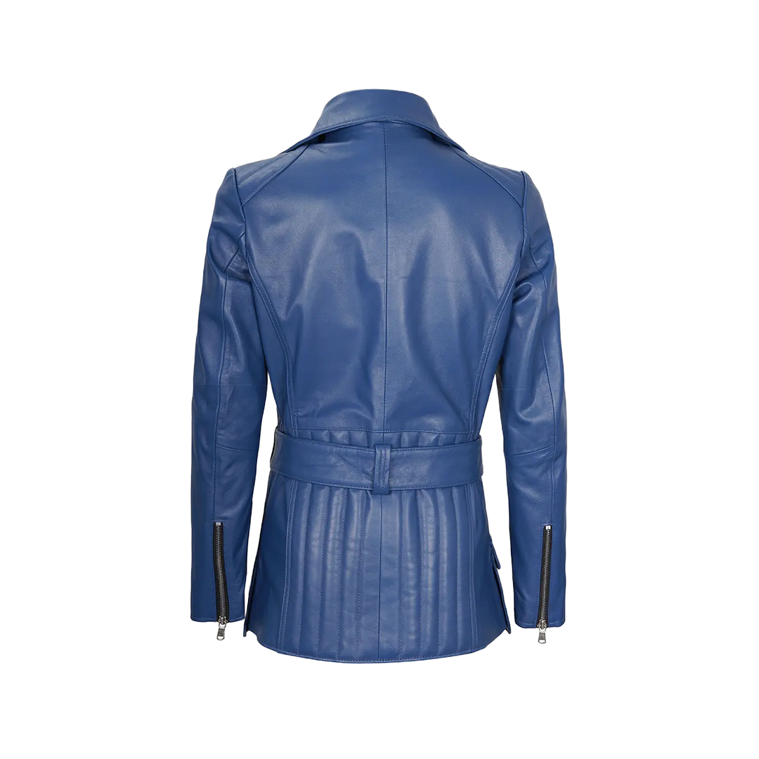 Women's Asymmetrical Blue Belted Leather Jacket