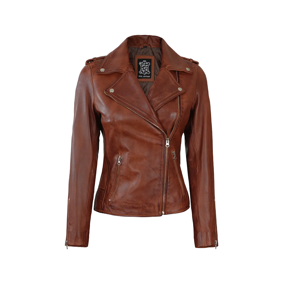 Women's Asymmetrical Cognac Brown Biker Leather Jacket