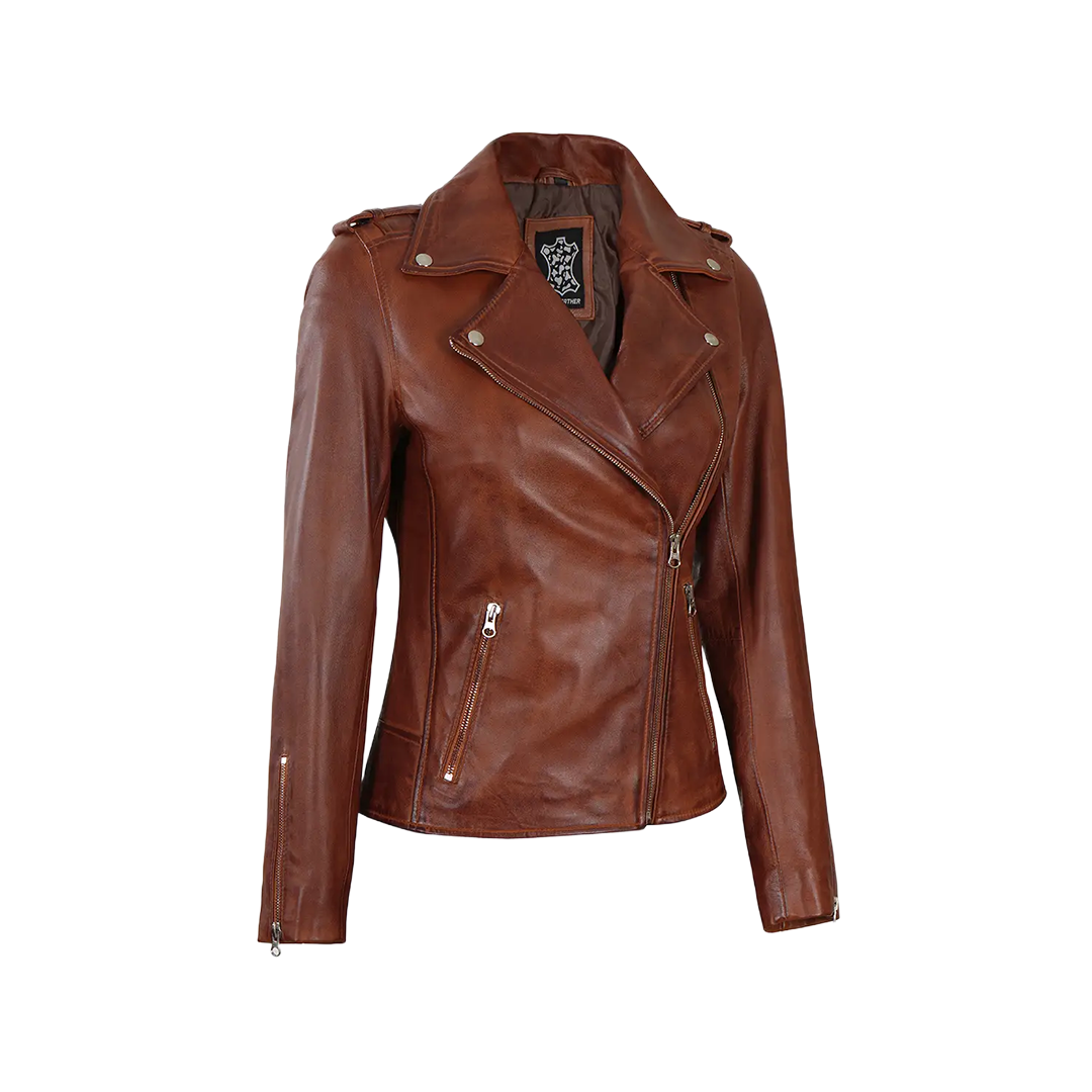 Women's Asymmetrical Cognac Brown Biker Leather Jacket