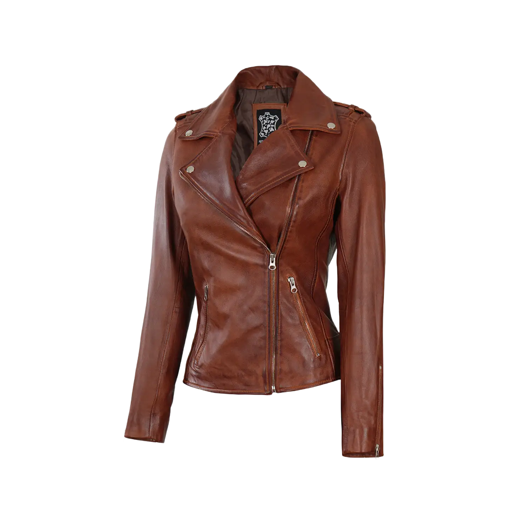 Women's Asymmetrical Cognac Brown Biker Leather Jacket