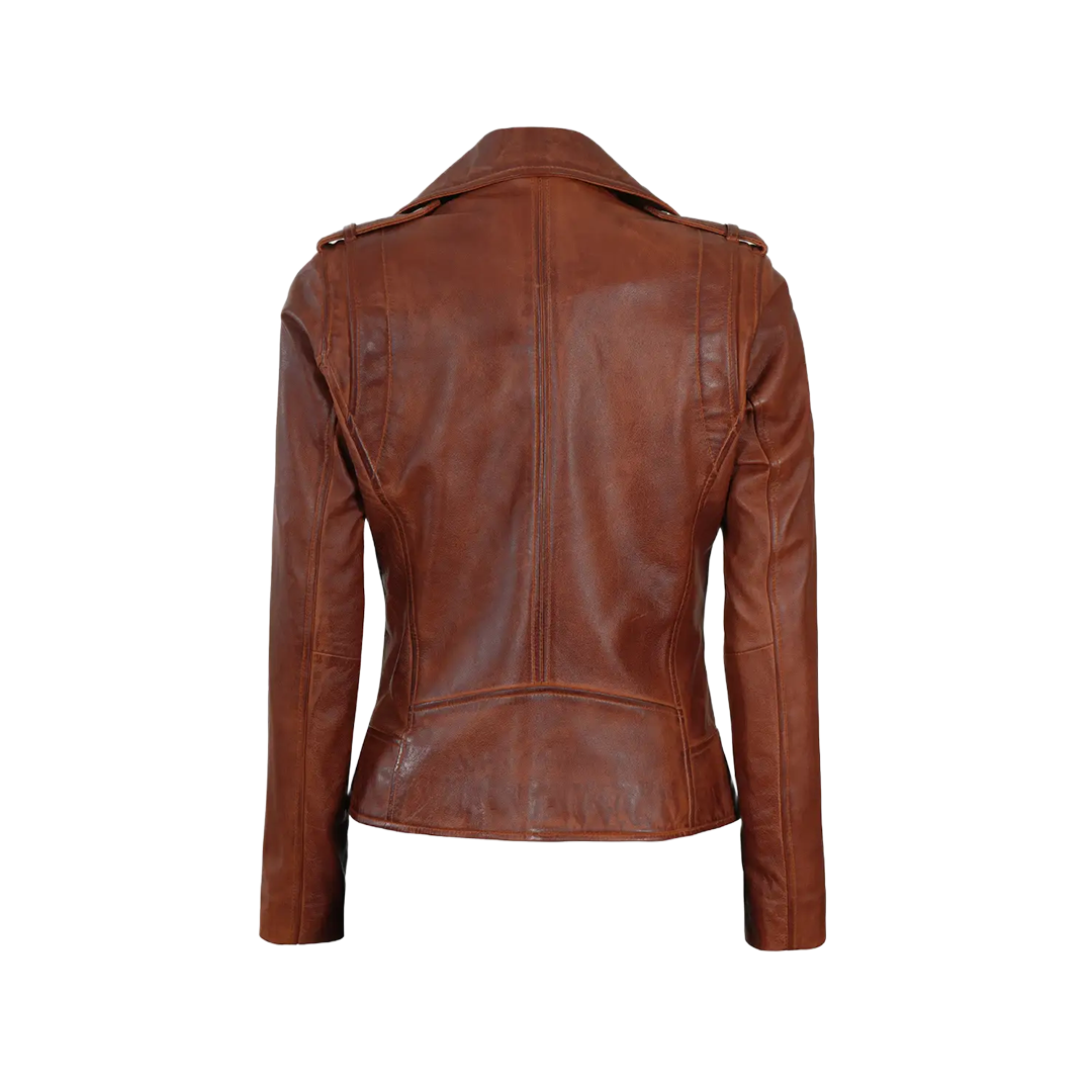 Women's Asymmetrical Cognac Brown Biker Leather Jacket