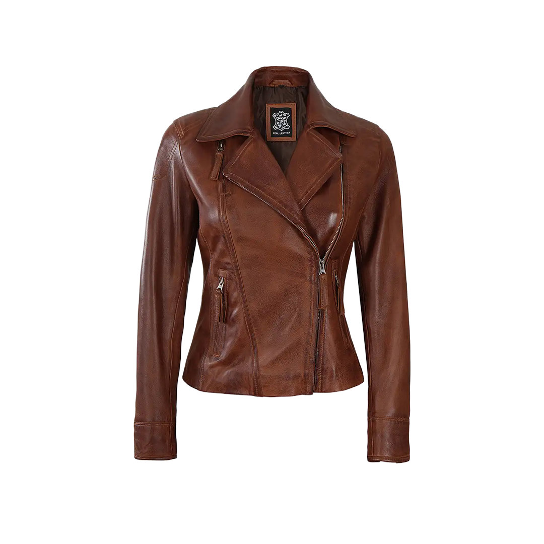 Women's Asymmetrical Cognac Brown Leather Jacket